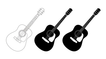 Fototapeta premium Three acoustic guitars in line drawing and silhouette styles for music concepts