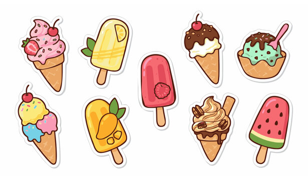 Cute ice cream cones and popsicle sticker style clipart set with flavor elements and summer dessert icons vector illustration isolated on white background