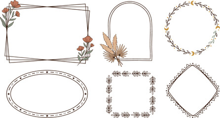 Elegant boho floral frame vector set with hand drawn botanical borders geometric shapes wreath and pampas grass decorations © MdMehedi