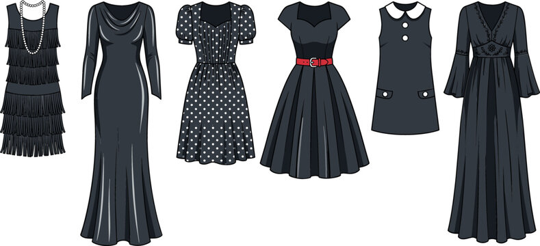 Elegant black dress vector illustration set with vintage and modern cocktail party gowns polka dot sundress maxi dress and little black dress styles