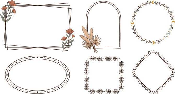 Elegant boho floral frame vector set with hand drawn botanical borders geometric shapes wreath and pampas grass decorations