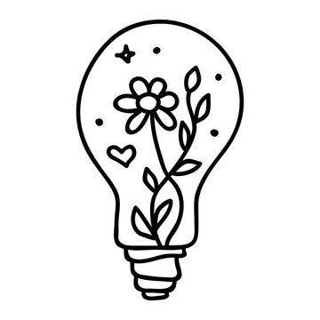 Minimal line art illustration of a floral light bulb with leaves, heart, and decorative elements. Modern botanical concept symbolizing creativity, growth, sustainability, and eco-friendly ideas. Doodl