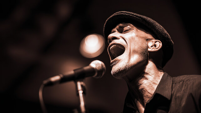 Passionate Vocalist: A seasoned male singer with a cap and an open mouth belts out a tune into a microphone, his face contorted with emotion, capturing the raw energy of a live performance.