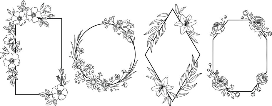 Elegant floral frame vector set featuring black line art botanical borders geometric shapes wreath and delicate blossom decorations