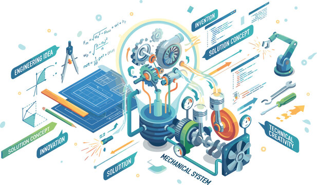 Mechanical engineering concept illustration with machinery optimization, gears, blueprint and engine components.