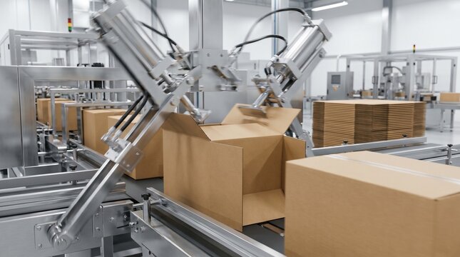 Robotic arms packaging a cardboard box in a factory