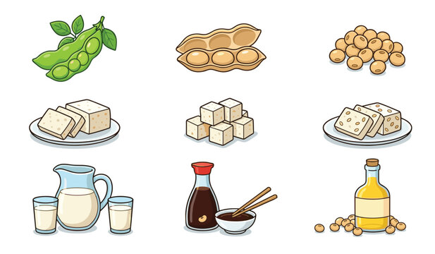 Soy food product and soybean vegan agriculture vector cartoon icon set. Organic plant based ingredients including edamame pods, raw beans, tofu cubes, soy milk pitcher, sauce and oil bottle.
