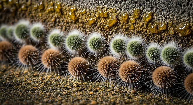 Microscopic view of fungi colonies growing on a rough surface, with droplets