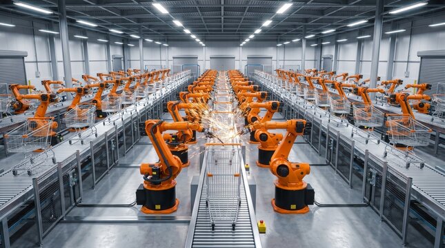 Multiple orange industrial robots working on assembly line in factory