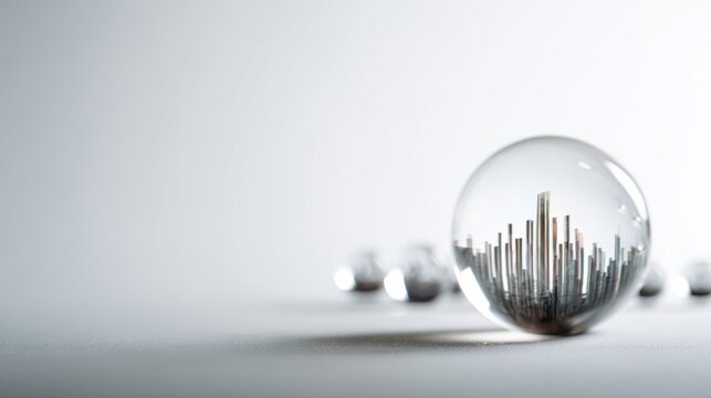 A crystal ball reflecting a city skyline on a light, minimalist background. The globe sits in the foreground, with several other reflective spheres scattered behind it.