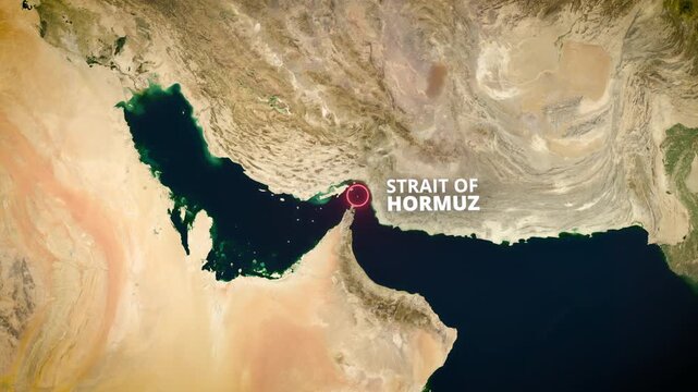 3D Earth globe zooming into the Strait of Hormuz on a satellite map with a red pulsating highlight and text label, ideal for geopolitical news broadcasts and global trade documentaries.
