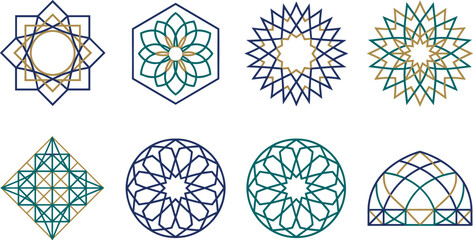 Islamic geometric pattern vector illustration set featuring traditional arabic arabesque ornaments, mandala star emblems, mosque dome framework, and oriental style line icons. © MdMehedi