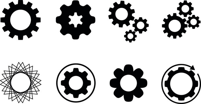 Industrial gear silhouette vector set featuring mechanical cogwheels tech cog shapes engineering cogs and settings icon design elements