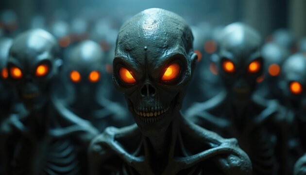 Many grey aliens with scary glowing orange eyes stand in dark. They look forward menacingly, ready for invasion or attack. Their skeletal faces appear sinister and threatening.