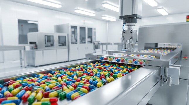 Colorful candy on a factory conveyor belt