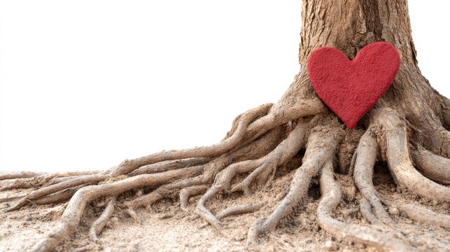 A wooden heart rests on the strong roots of a tree, symbolizing love and life
