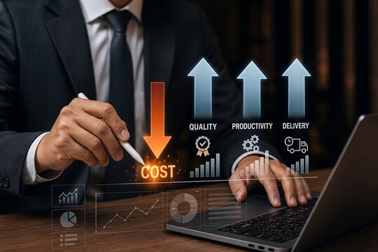Businessman reviews business performance metrics, highlighting cost reduction and improvements in quality, productivity, and delivery.