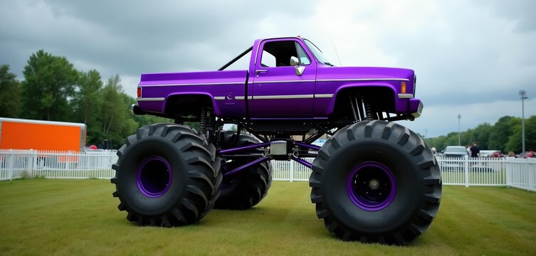 Purple monster truck with large wheels parked on green grass. The customized vehicle has massive tires and a raised suspension, ready for off-road action. Outdoor event setting with spectators.