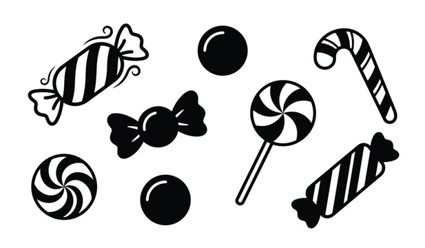 Candy and sweet lollipop black silhouette vector icon set. Twisted swirl caramels, wrapped chocolate bonbons, round gumballs and christmas cane confectionery elements.