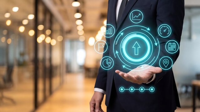 Businessman Holding Holographic Growth Analytics Dashboard with Business KPI Icons for Strategic Performance Management