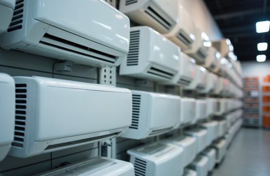 Modern air conditioners displayed in rows on wall shelves in retail store. Cooling units for homes and offices ready for sale. Climate control devices for comfort.