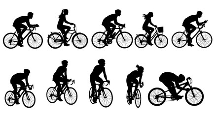 Obraz premium Cyclist silhouette collection, set of 10 bicycle rider vector icons, professional road bikers and casual city cycling figures for sports design