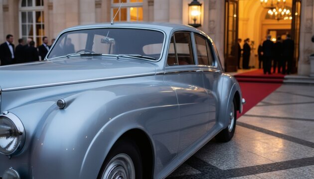 Arriving in a classic car at a glamorous venue for high school prom celebration concept, with elegant guests in tuxedos on the red carpet