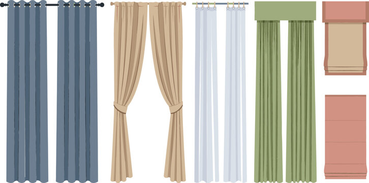 Modern window curtains and blinds vector illustration set featuring different types of interior drapery fabrics valance tulle and roman shades for home decor mockup