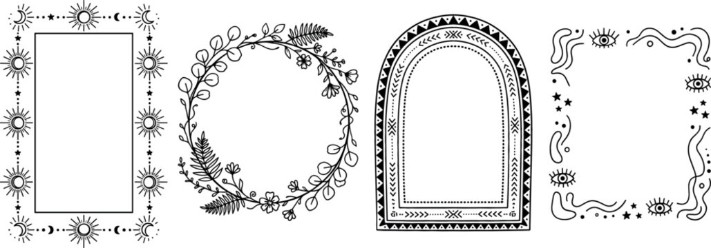 Mystical boho frame vector set with black line art border designs including celestial sun moon wreath floral arch and evil eye elements