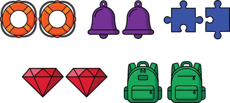 Find differences game elements with lifebuoy, bell, puzzle, diamond and backpack icons set.
