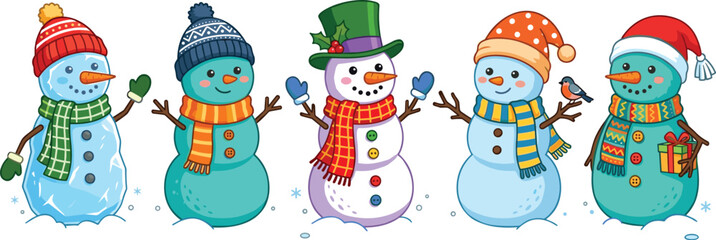 Set of cute colorful cartoon snowmen wearing winter hats and scarfs isolated on white background. © EdGe Creative
