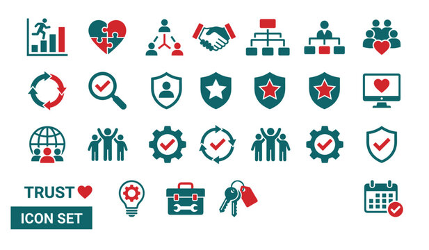 Business trust and corporate partnership teamwork vector flat icon set. Compliance safety elements including handshake agreement, shield protection, organization customer care.