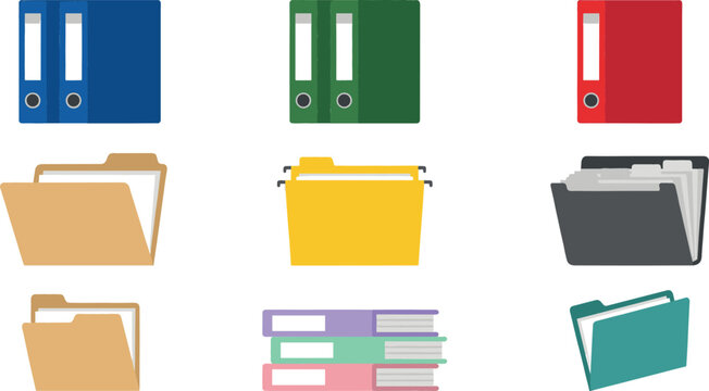 Office organization vector set with flat style binders folders hanging files document organizers and stack of colorful books for archive system