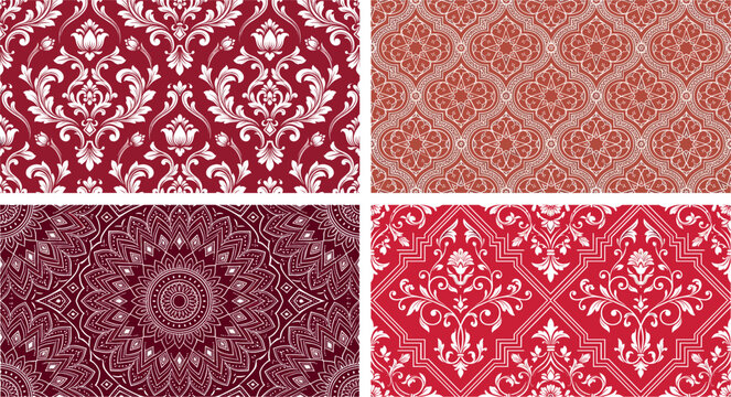 Luxury red damask seamless pattern background vector illustration set with vintage victorian floral ornament and intricate ethnic mandala texture for textiles