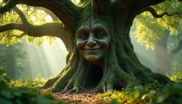 Old wise tree with smiling face lives in sunny magic forest. Moss covers ancient trunk. Sunlight shines through green leaves. Small animal hole entrance at base.