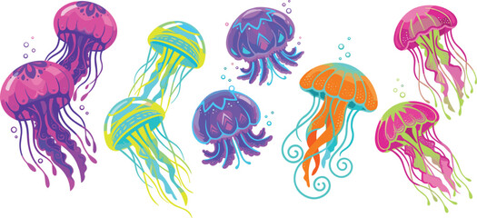 Set of colorful vector illustrations of vibrant neon jellyfish species swimming isolated on white background. © EdGe Creative