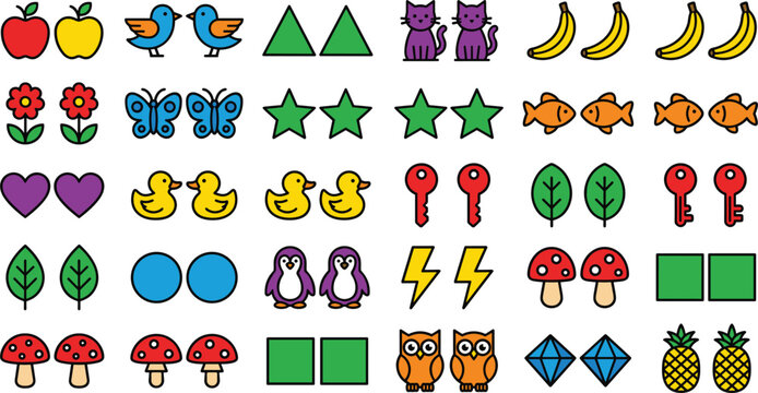 Large set of colorful flat line paired icons with cartoon animals fruits and everyday objects.