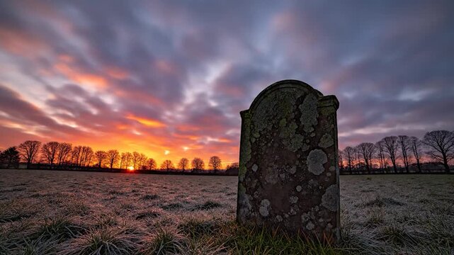 Old lichen covered gravestone in a frosty rural field during a dramatic sunset with long exposure clouds