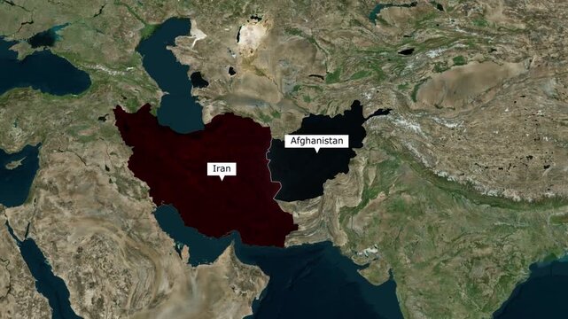 Satellite map visualization of the arid border between Iran and Afghanistan highlighting regional security and migration routes for global news