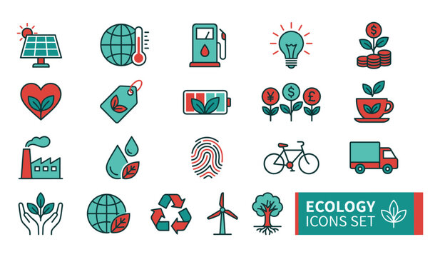 Ecology and green environmental energy vector outline icon set. Sustainable technology elements including solar panel, wind turbine, global warming thermometer, recycle and electric battery.