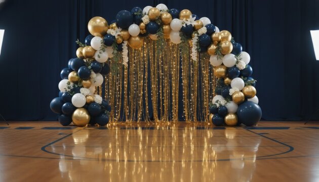 Elegant balloon arch standing as a decorated gym entrance for a high school prom celebration concept, featuring gold and navy blue balloons with shimmering lights