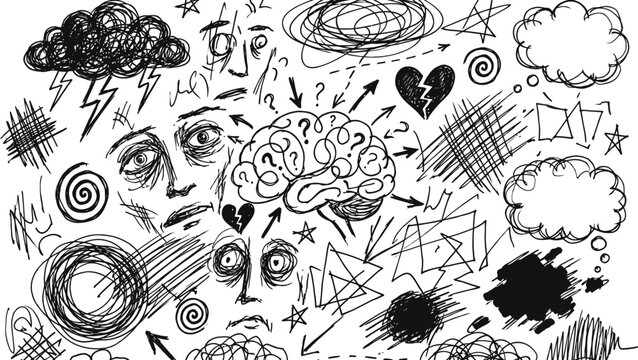 hand drawn mental health and creative thinking doodle collection with brain sketches emotional concepts abstract chaos imagination stress anxiety and psychology illustration