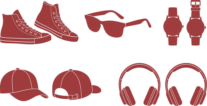 Red monochrome set of everyday lifestyle fashion items and tech accessories isolated on white background.