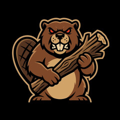 Cartoon angry beaver holding wood. © MuhArif
