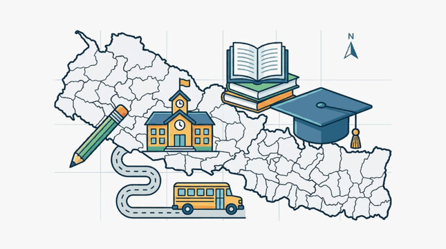 Education and learning concept map of Nepal with school bus and books.