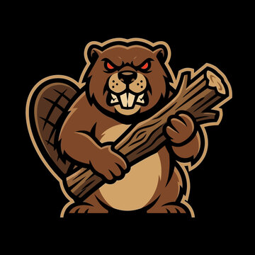 Cartoon angry beaver holding wood.