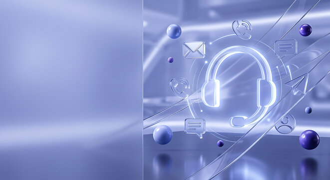 Futuristic Communication Hub with Translucent Glass Icons and Abstract Technology Elements. Premium Customer Support and SaaS Digital Infrastructure Concept for Modern Business Communication.