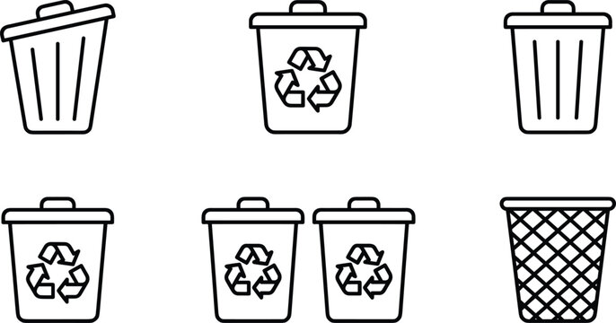 Waste management recycling trash can line icon set featuring rubbish bins garbage baskets disposal environment web vector design