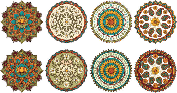 Ornate mandala vector set featuring traditional circular patterns with ethnic floral motifs lotus flowers paisley details and bohemian style decorative elements