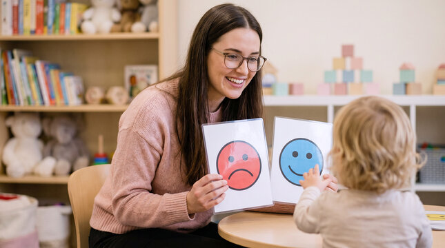 Child therapist in pink sweater showing happy and sad emoji face cards to young toddler in therapy playroom